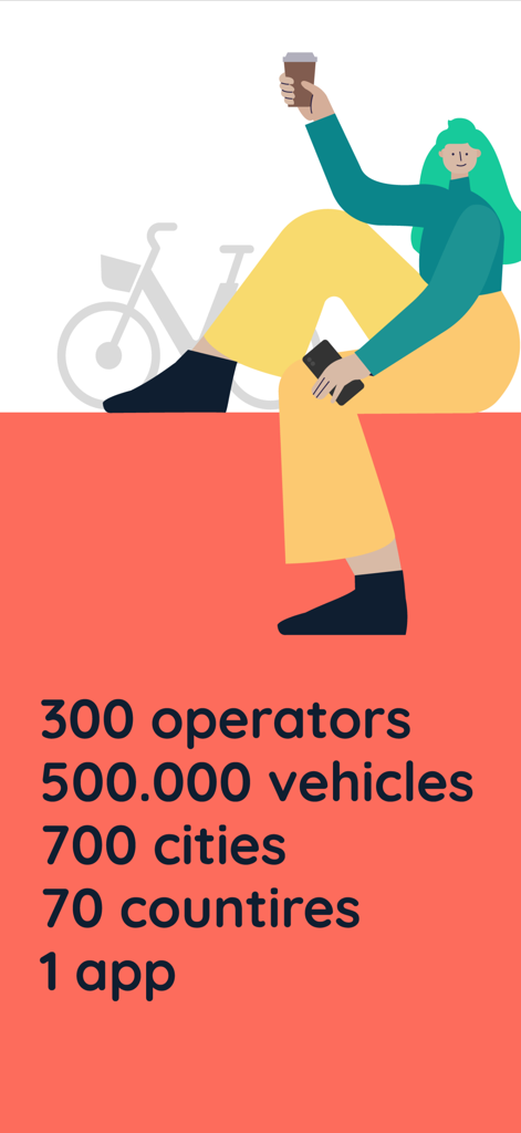eScoot | e-scooters near you - Graphic illustration showing eScoot app statistics with 300 operators and 500000 vehicles in 700 cities