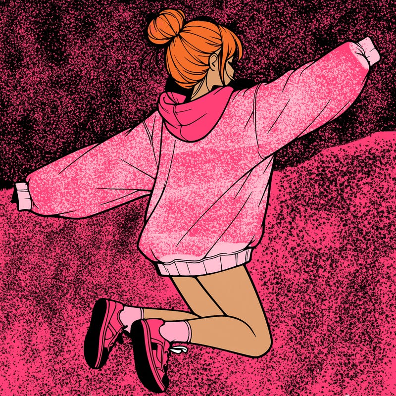 realistic girl jumping with a bun and oversized sweatshirt