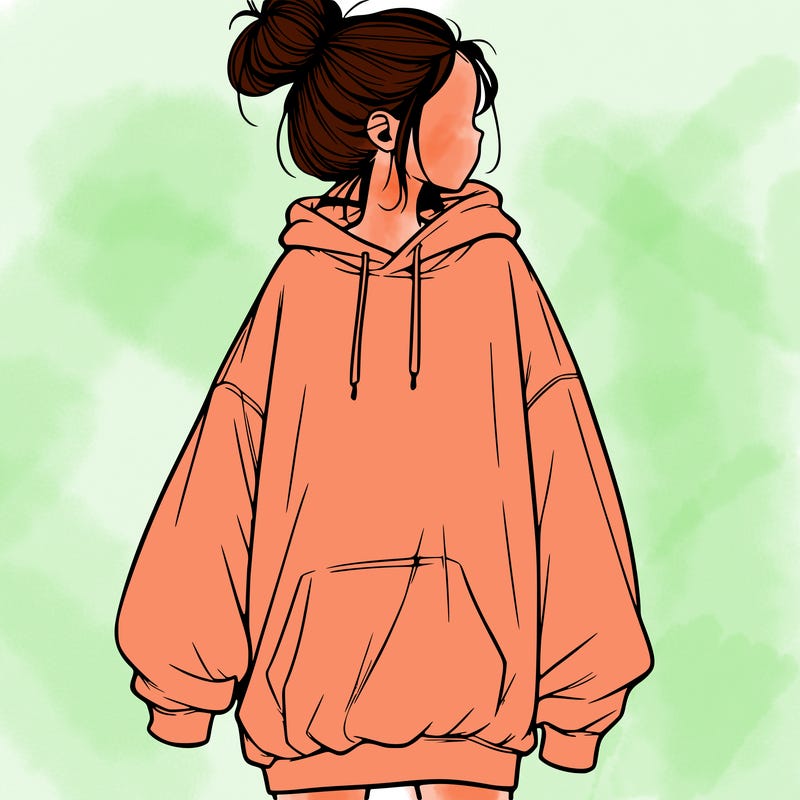 realistic girl with a oversized sweatshirt on and a bun