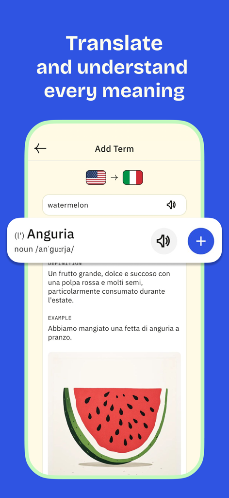 Karteto: Vocabulary Flashcards - Karteto app interface showing English to Italian translation for watermelon with definition and image