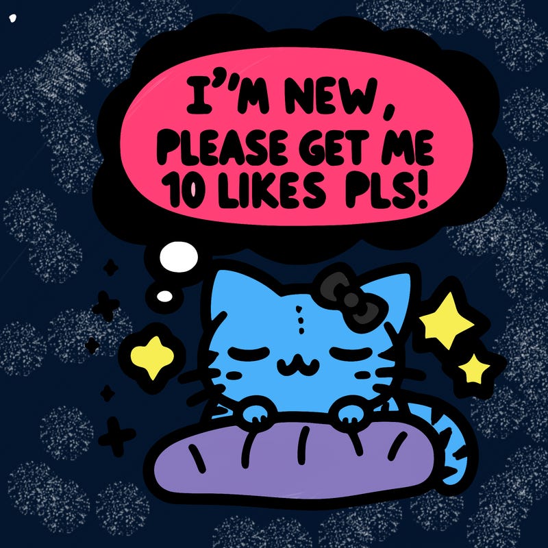 kitty taking a nap dream talking and saying "i'm new, please get me at least 10 likes pls!!"