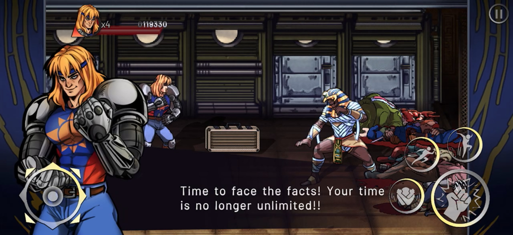 Night Slashers: Remake - Gameplay screenshot of Night Slashers Remake featuring Christopher Smith confronting a mummy boss with arcade style dialogue