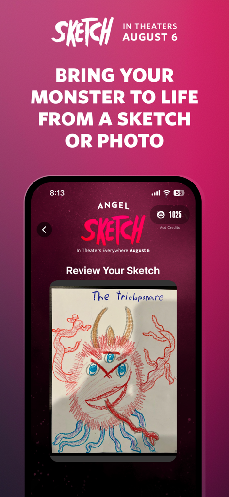Screenshot of the SKETCH app showing a child's hand-drawn monster called The Triclopsnare on the review screen.