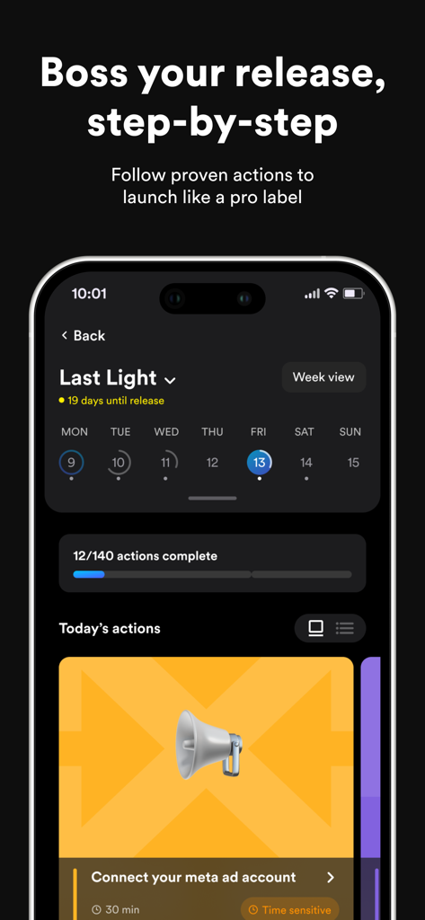 un:hurd: Music Marketing - Interface de l'application unhurd montrant un calendrier de sortie musicale et une liste d'actions marketing pour les artistes indépendants.