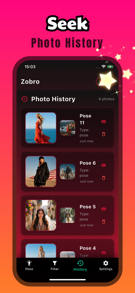 Zobro app interface showing the photo history screen with various pose captures