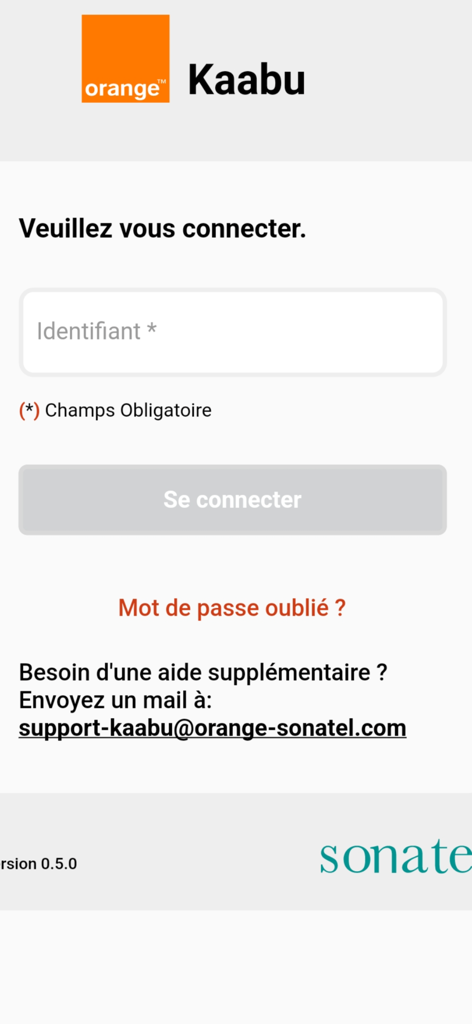 Pantalla de inicio de sesión de la aplicación Kaabu Orange Senegal con campo de entrada de nombre de usuario.
