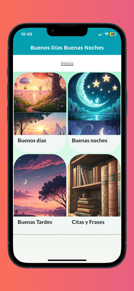 buenos días y buenas noches. - Pantalla principal de una app de saludos con secciones para mensajes de mañana, tarde y noche