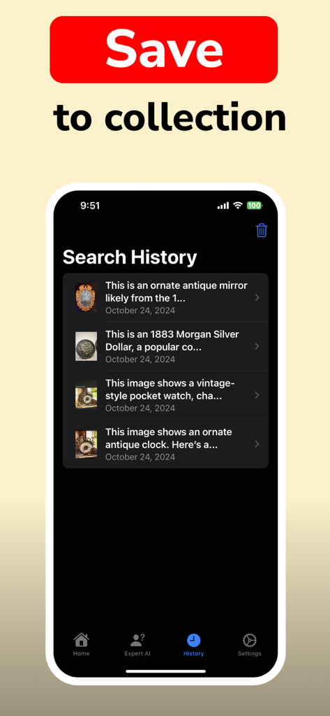 Antique Identifier - Antik - Antique Identifier app interface displaying a search history of saved antique items