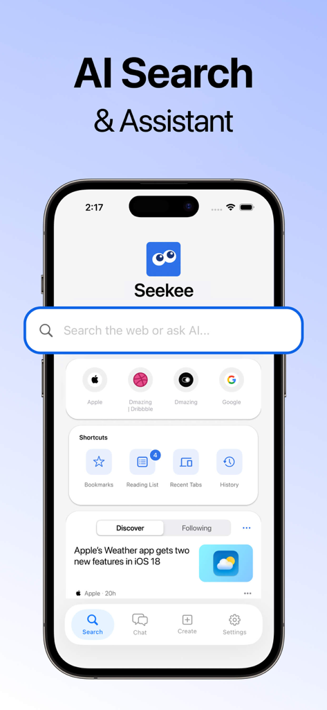 Seekee AI - Search & Assistant - Pantalla de inicio de la aplicación móvil Seekee AI con barra de búsqueda unificada y atajos de productividad