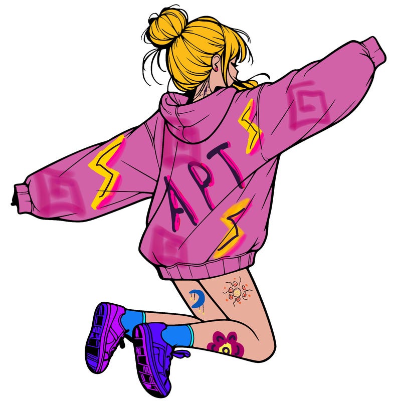 realistic girl jumping with a bun and oversized sweatshirt