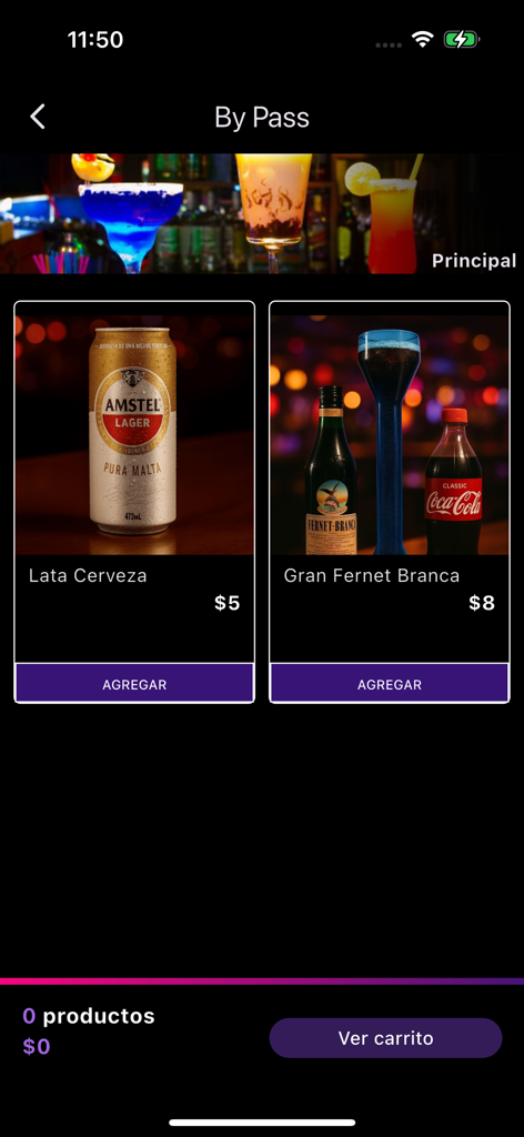 Interface do aplicativo Efesur Passageiros mostrando um menu de bebidas digital para uma boate em Bariloche com preços e um carrinho de compras.