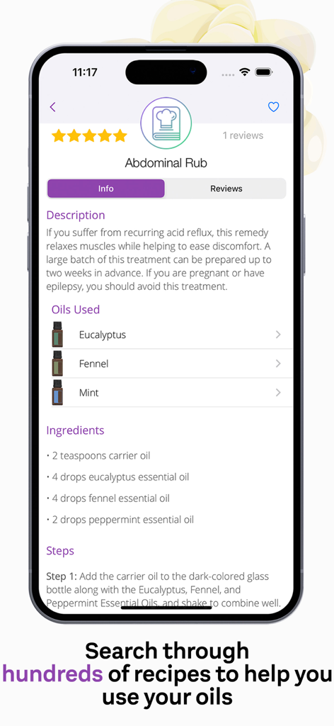 A detailed recipe for an abdominal rub using eucalyptus fennel and peppermint essential oils on the Essentl app