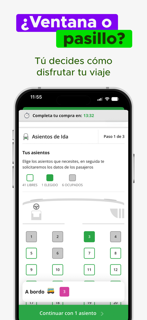 Smilebus - バスのレイアウトと窓側または通路側の座席を選択するオプションを表示するSmilebusアプリの座席選択画面のインターフェース