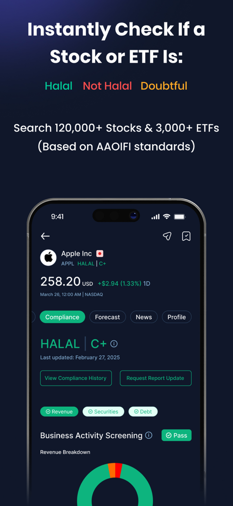 Musaffa: Halal Investing - Écran de l'application Musaffa montrant le statut de conformité à la Charia pour l'action Apple Inc