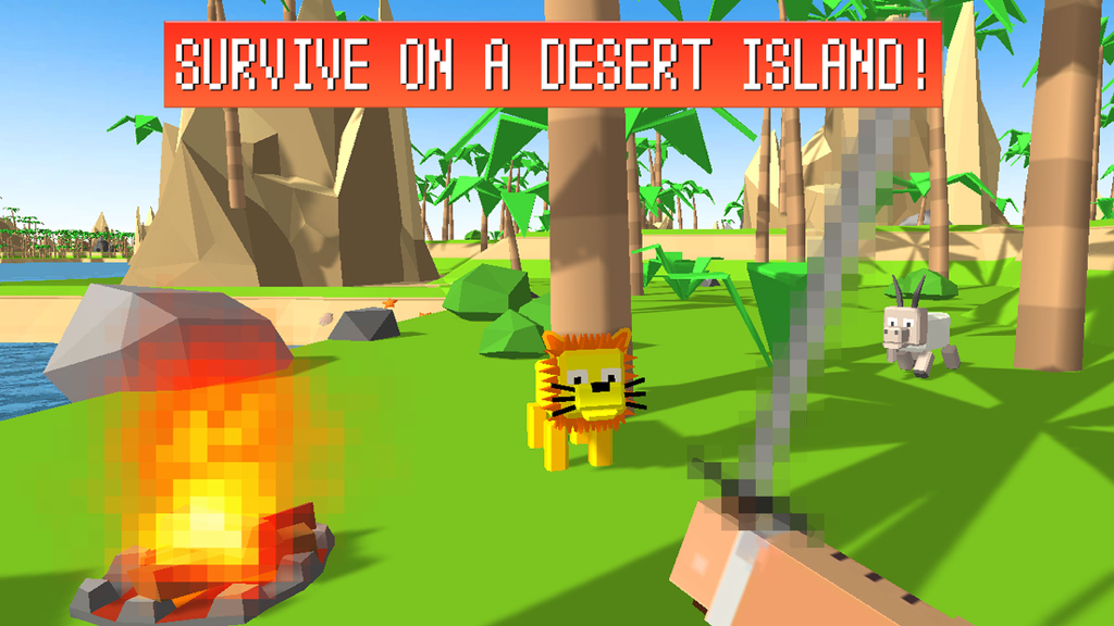 Craft Island Survival Simulator 3D - Pixel art style 3D survival game screenshot showing a character holding a sword on a desert island with a lion and campfire