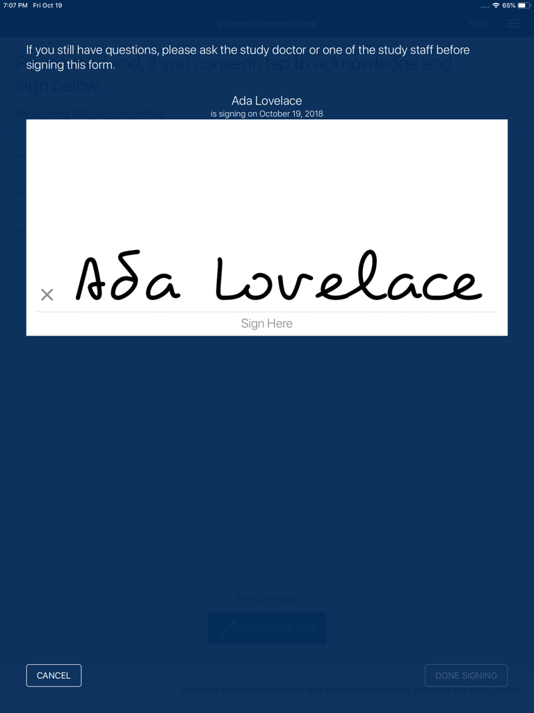 Digital signature interface on an iPad for clinical trial informed consent.