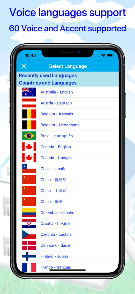 Mobile screen showing a long list of supported voice languages and accents with national flags for international users