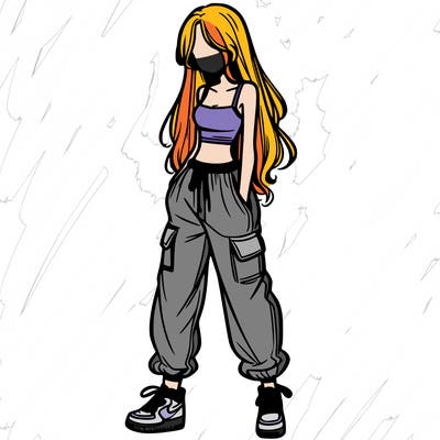 girl in baggy pants crop top and long hair