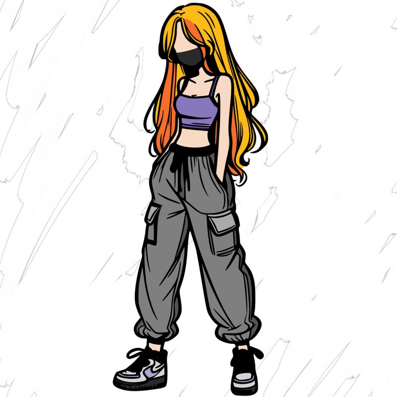 girl in baggy pants crop top and long hair