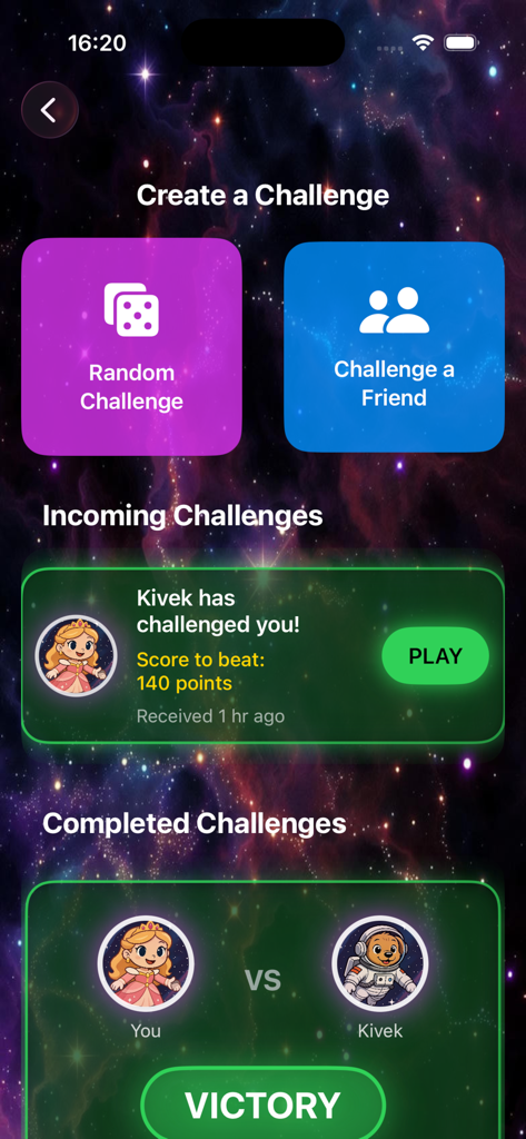 Trivia Game Quiz! - 트리비아 게임 퀴즈 앱의 소셜 챌린지 모드 인터페이스. 은하계 배경과 친구 결투가 표시됩니다.