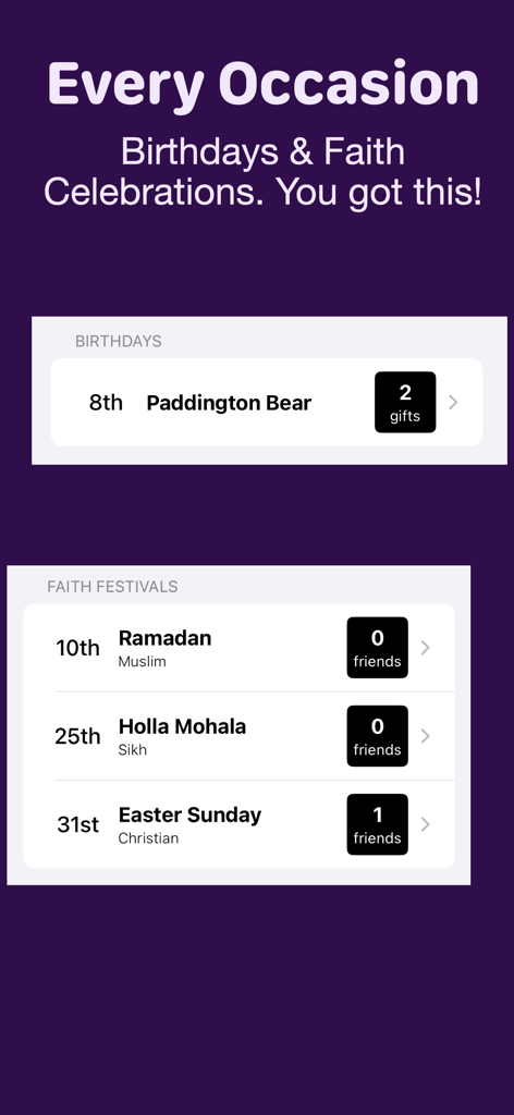 Gifting Planner - Interface do aplicativo exibindo aniversários e festivais multiculturais futuros para planejamento de presentes.