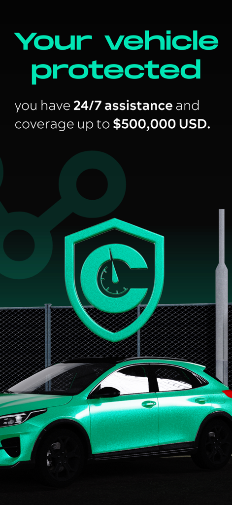 Comfy - Pantalla promocional de la app Comfy destacando la protección del vehículo con asistencia 24/7 y cobertura de $500,000 USD.