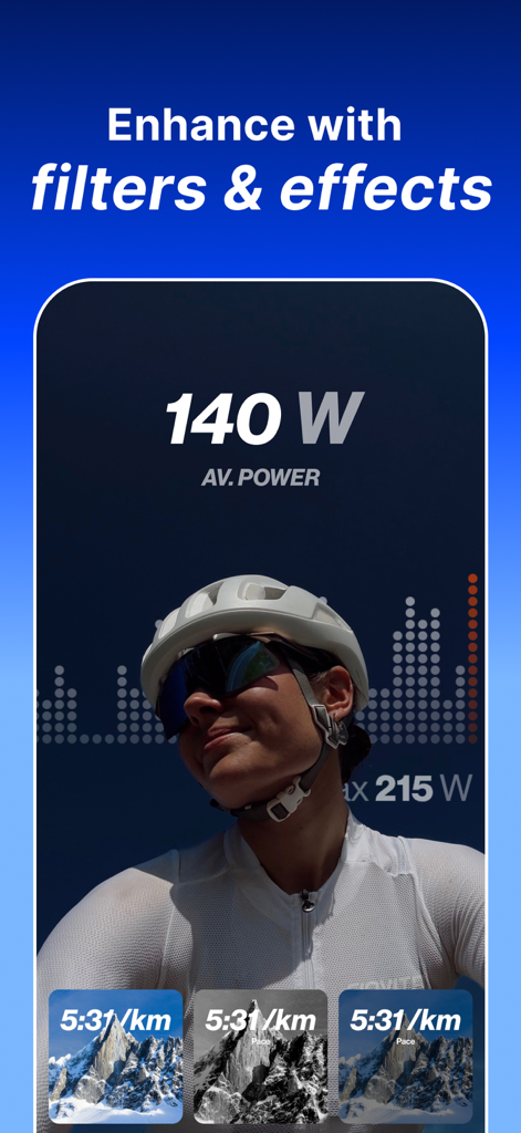 Fitshot - Écran de l'application Fitshot affichant les statistiques d'entraînement sur une photo de cyclisme avec des filtres d'image disponibles.