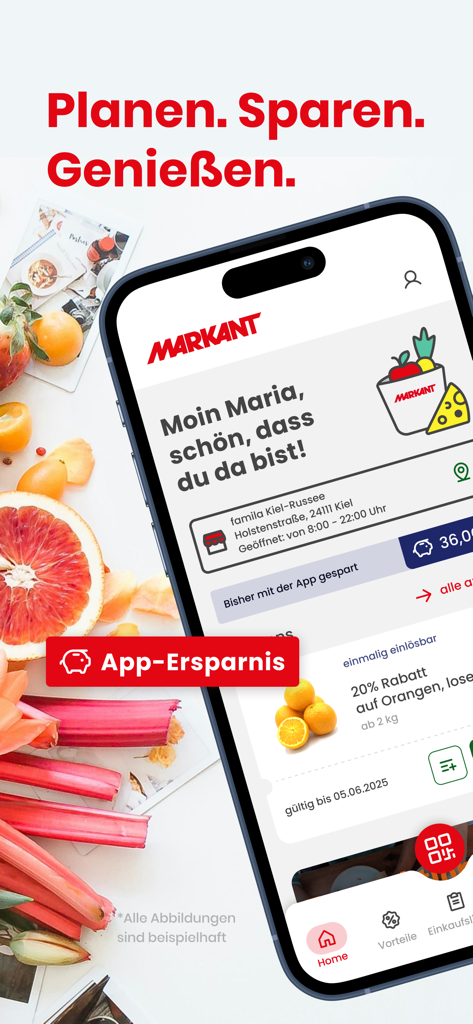 Markant GO - Smartphone displaying Markant GO app with grocery discounts and savings tracker