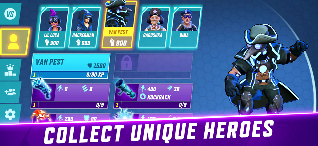 Gridpunk - PvP Battle Arena - Gridpunk character selection screen showing unique cyberpunk heroes and their stats