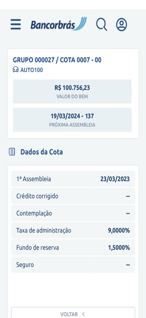 Interfaz de la aplicación Meu Consórcio Bancorbrás que muestra detalles financieros y fechas de asamblea para una cuota específica