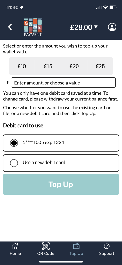 Game Payment: cashless gaming - キャッシュレスゲームのためにデビットカードでデジタルウォレットをチャージするオプションを表示するモバイルアプリのインターフェイス。