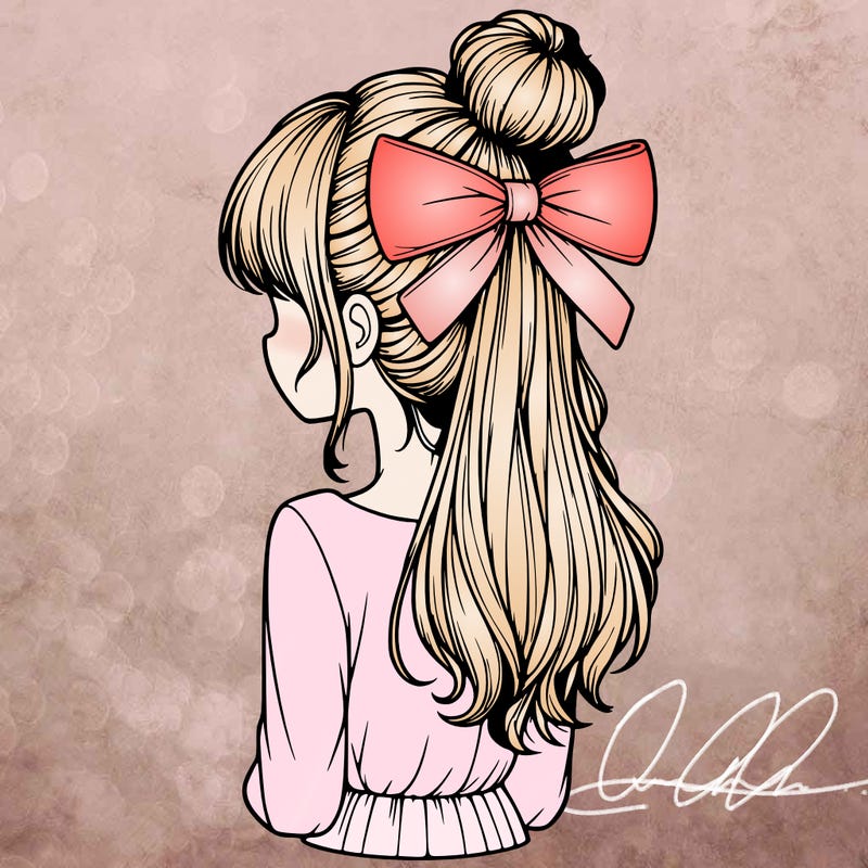 realistic girl  with hip length hair a bun and a big bow on the back of head