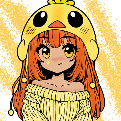 anime girl with chick shaped hat with sweater with bare shoulders with bangs covering them one eye with low tail
