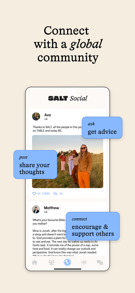 SALT Christian dating app social feed showing user posts and community support features.