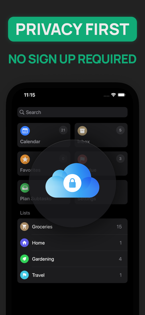 SuperPlanner: Daily Planner - SuperPlanner daily planner app interface emphasizing privacy first and no sign up required with cloud sync security icon