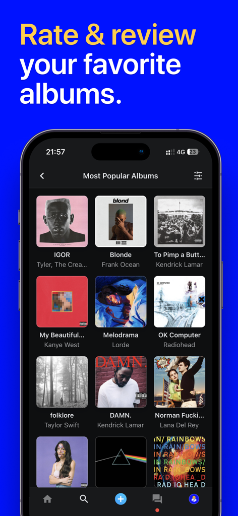 Musicboard-App-Oberfläche, die ein Raster beliebter Musikalben zeigt, die Benutzer bewerten und rezensieren können.