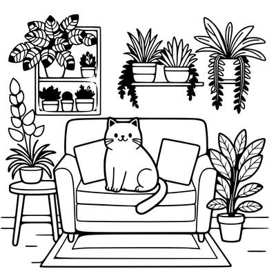 cat on a sofa in a room full of plants