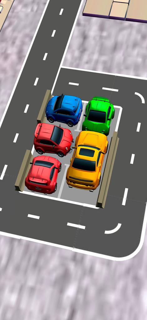 Car Parking games 3D Cars race - Una vista cenital de un puzzle de atasco de aparcamiento en 3D con coches de colores en un pequeño aparcamiento