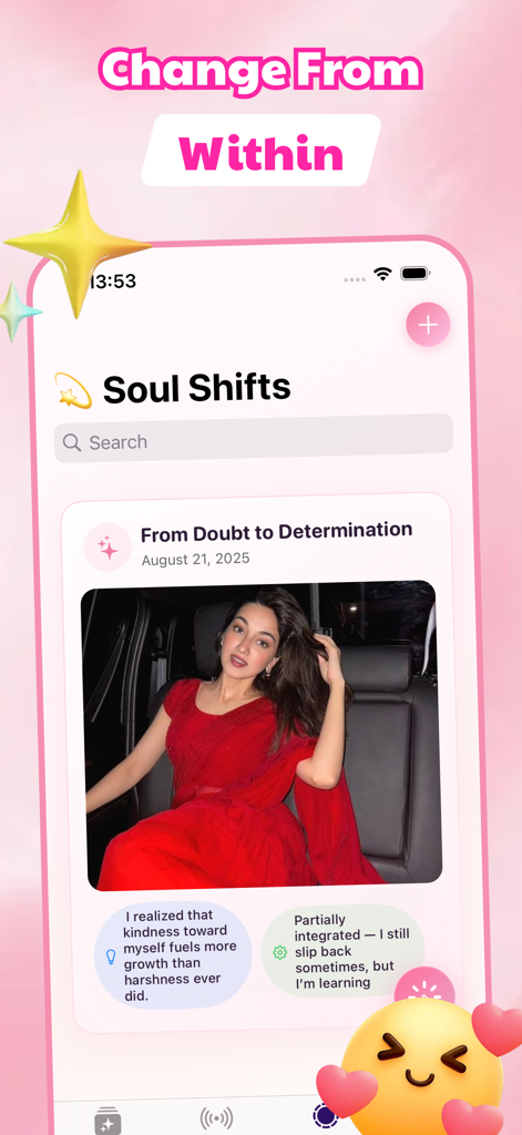 Camchat Echo - Interfaccia dell'app Camchat Echo che mostra la sezione Soul Shifts con una voce di diario multimediale e note di auto-riflessione