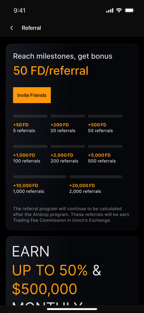Unich Wallet - Pantalla de programa de referidos de Unich Wallet mostrando hitos de puntos FD por invitar amigos.