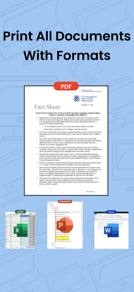 Printer App iprint Smart Print - Printer app interface displaying support for PDF Word Excel and PowerPoint documents