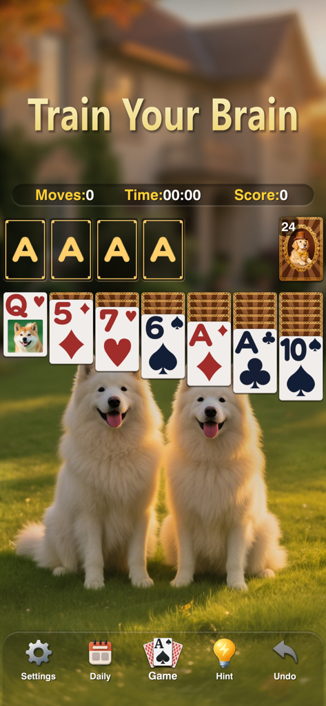 Zen Solitaire - Classic Card - Classic solitaire game interface with a dog theme and the headline Train Your Brain.
