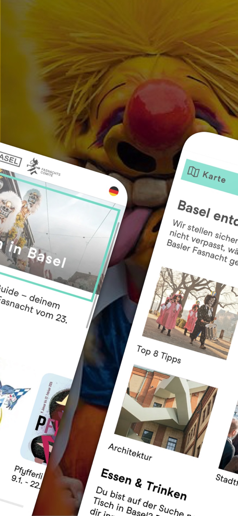 Official Basel City Guide app interface showing Carnival events and local city tips