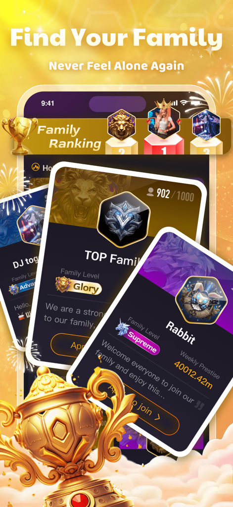 Dazz Live-Live Stream & Chat - Dazz Live app family ranking screen showing community groups and prestige levels