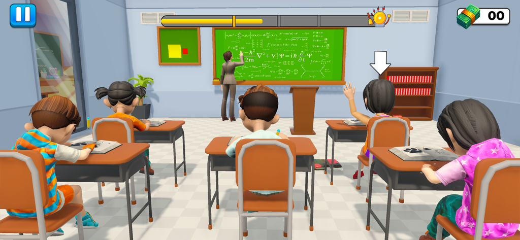 A 3D classroom scene from Teacher Simulator Classroom with a teacher at a chalkboard and students sitting at desks.