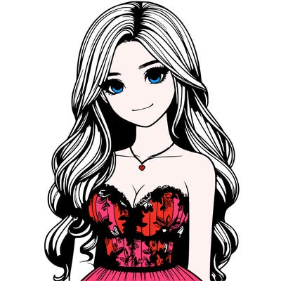 realistic girl with long hair and pretty prom dress