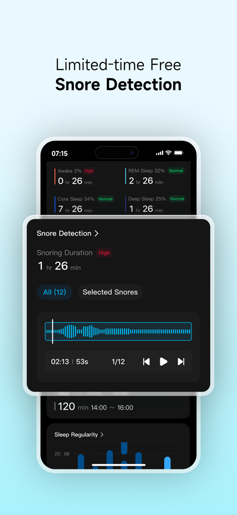 Sleepal: Sleep Tracker & Snore - Sleepal app interface displaying snore detection results and snoring duration data.