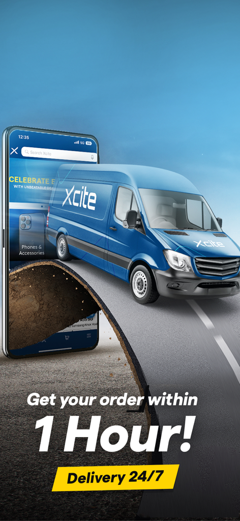 Xcite Online Shopping - A blue Xcite delivery van driving out of a smartphone screen with text promising 1 hour delivery 24/7