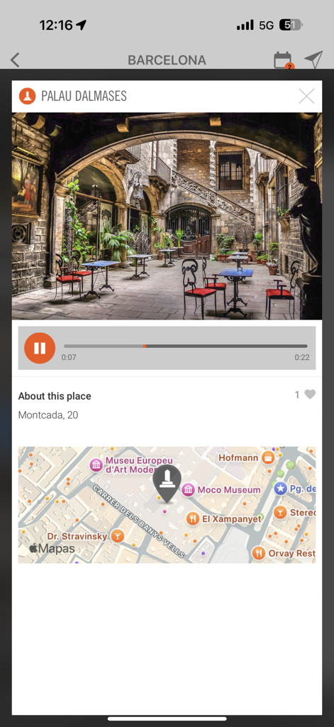 CityMe AI - CityMe AI app interface featuring an audio guide and map for a historic landmark in Barcelona.
