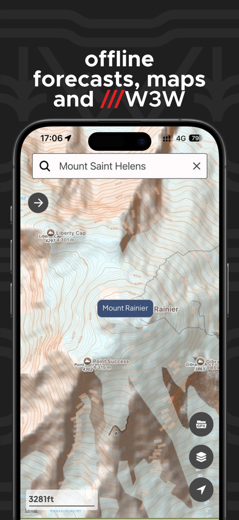 A smartphone screen displaying a detailed topographic map of Mount Rainier on the Mountain-Forecast app